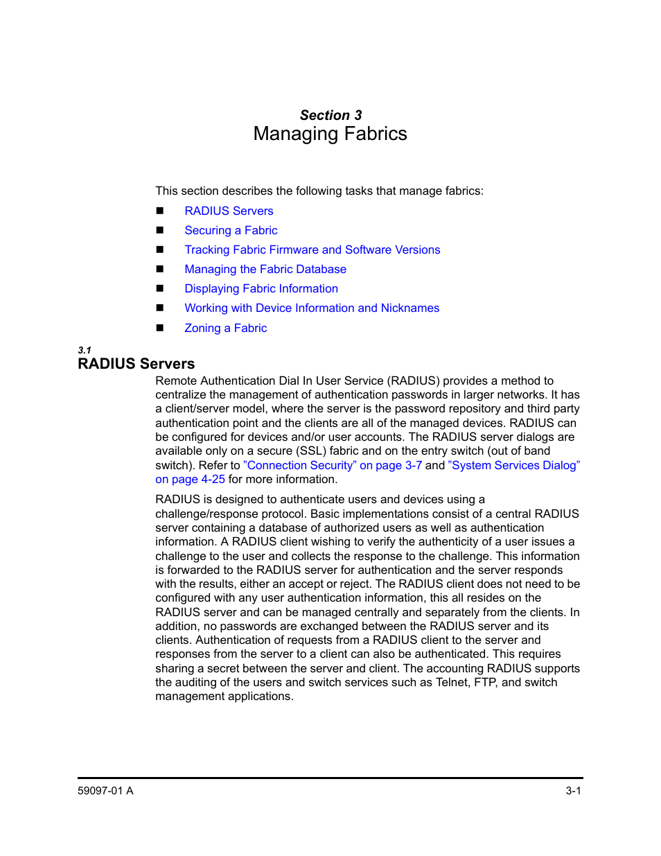 Section 3 managing fabrics, 1 radius servers, Section 3 | Managing fabrics, Radius servers -1, Describ, Radius servers | Sun Microsystems 5602 User Manual | Page 47 / 324