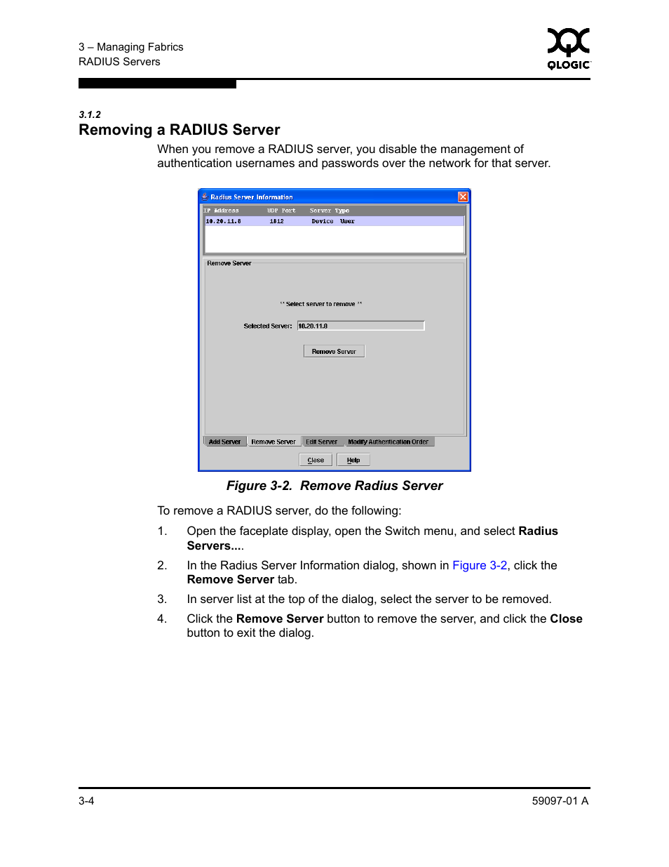 2 removing a radius server, Removing a radius server -4, Remove radius server -4 | Sun Microsystems 5602 User Manual | Page 50 / 324