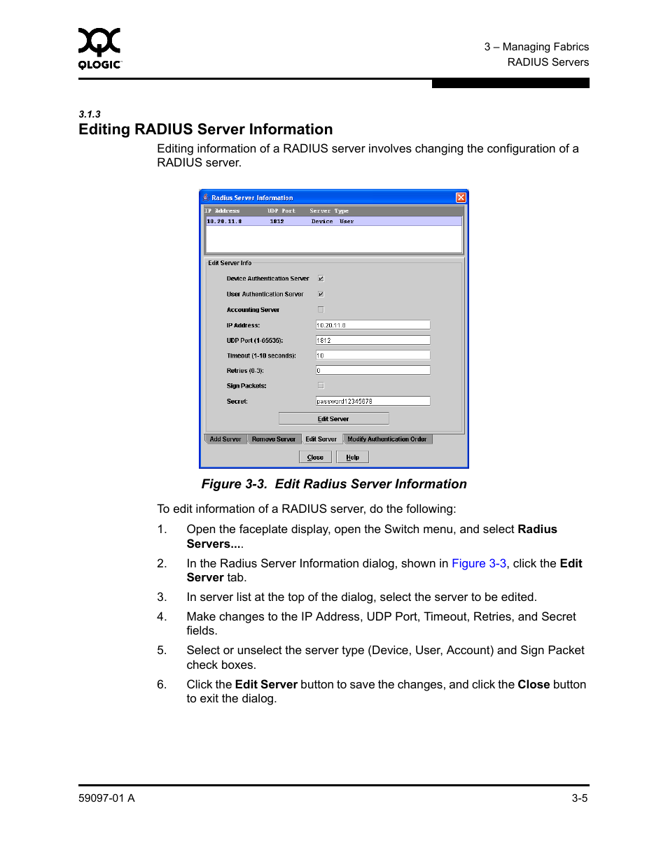 3 editing radius server information, Editing radius server information -5, Edit radius server information -5 | Sun Microsystems 5602 User Manual | Page 51 / 324