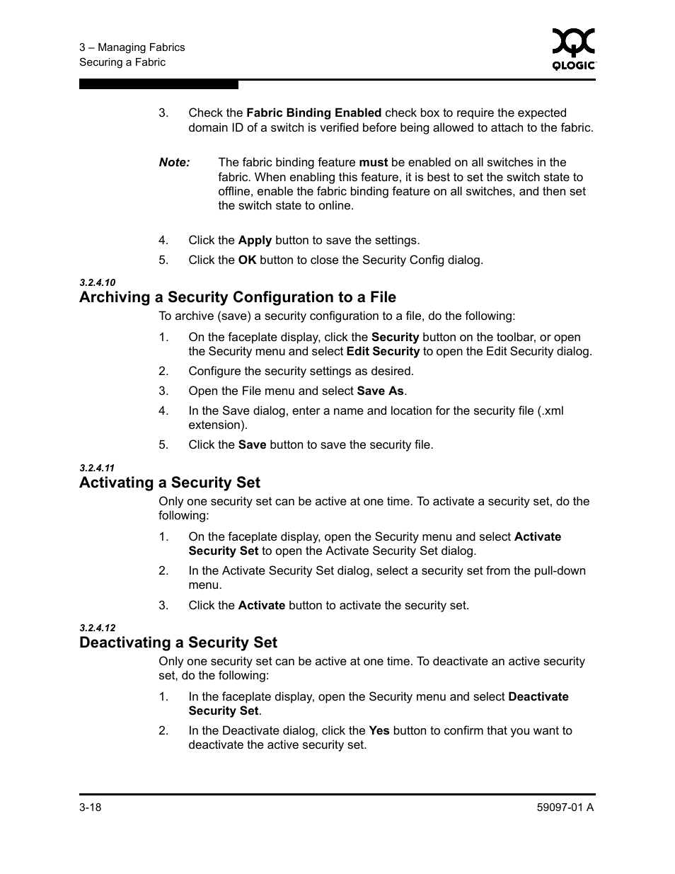 10 archiving a security configuration to a file, 11 activating a security set, 12 deactivating a security set | Archiving a security configuration to a file -18, Activating a security set -18, Deactivating a security set -18 | Sun Microsystems 5602 User Manual | Page 64 / 324