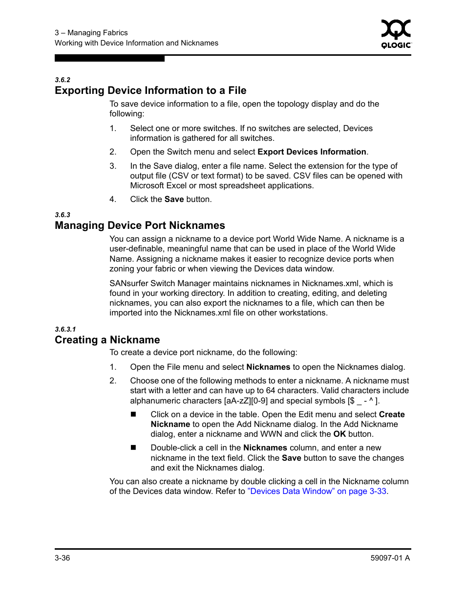 2 exporting device information to a file, 3 managing device port nicknames, 1 creating a nickname | Exporting device information to a file -36, Managing device port nicknames -36, Creating a nickname -36, Exporting device information to a, Managing device port | Sun Microsystems 5602 User Manual | Page 82 / 324