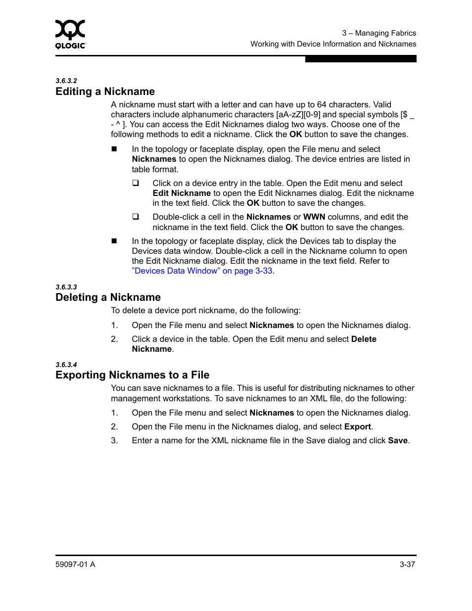 2 editing a nickname, 3 deleting a nickname, 4 exporting nicknames to a file | Editing a nickname -37, Deleting a nickname -37, Exporting nicknames to a file -37 | Sun Microsystems 5602 User Manual | Page 83 / 324