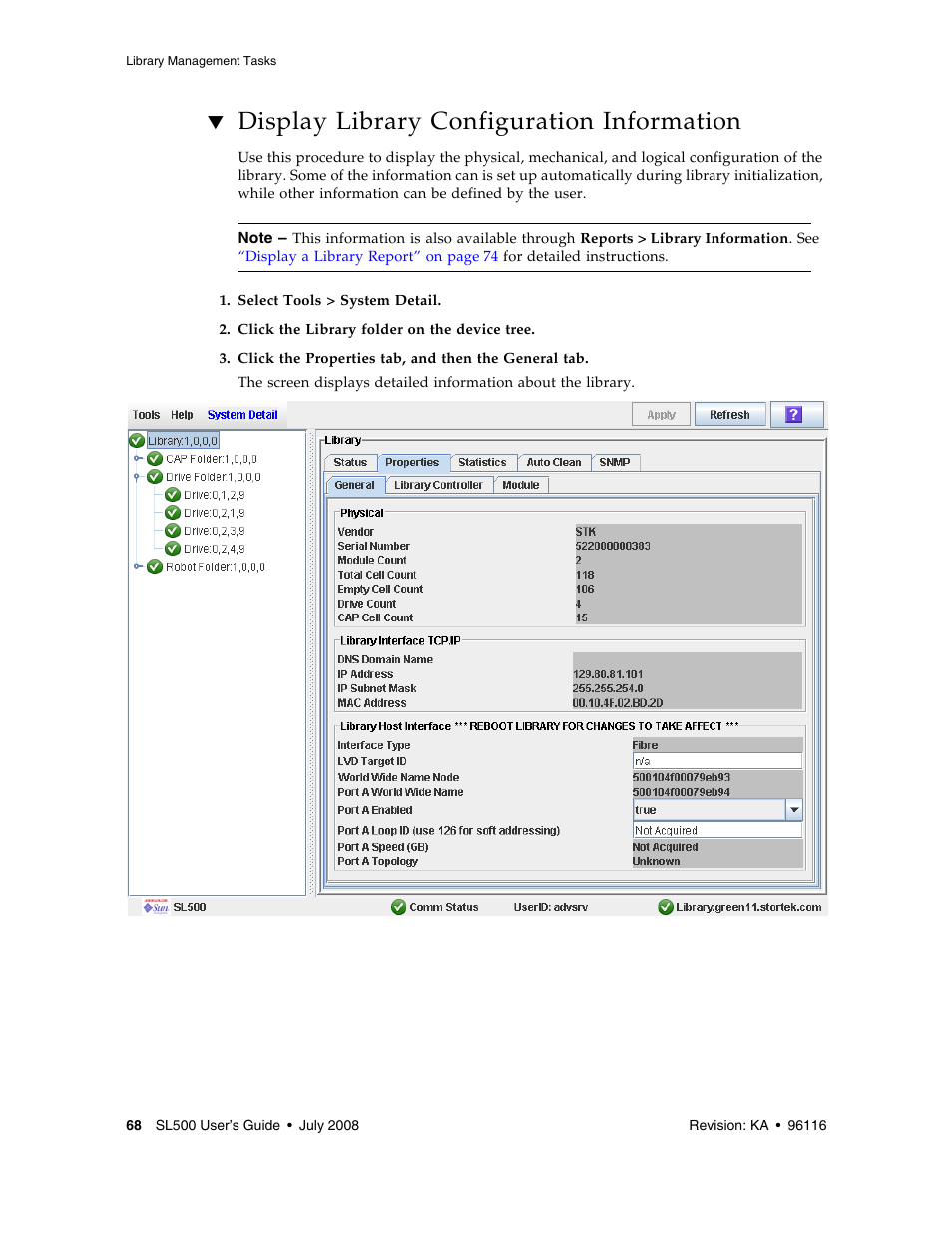 Display library configuration information, Display library configuration information 68 | Sun Microsystems StorageTek Modular Library System SL500 User Manual | Page 100 / 436