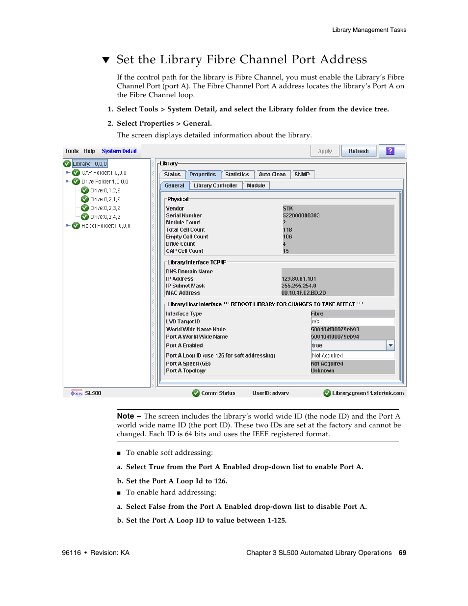 Set the library fibre channel port address, Set the library fibre channel port address 69 | Sun Microsystems StorageTek Modular Library System SL500 User Manual | Page 101 / 436