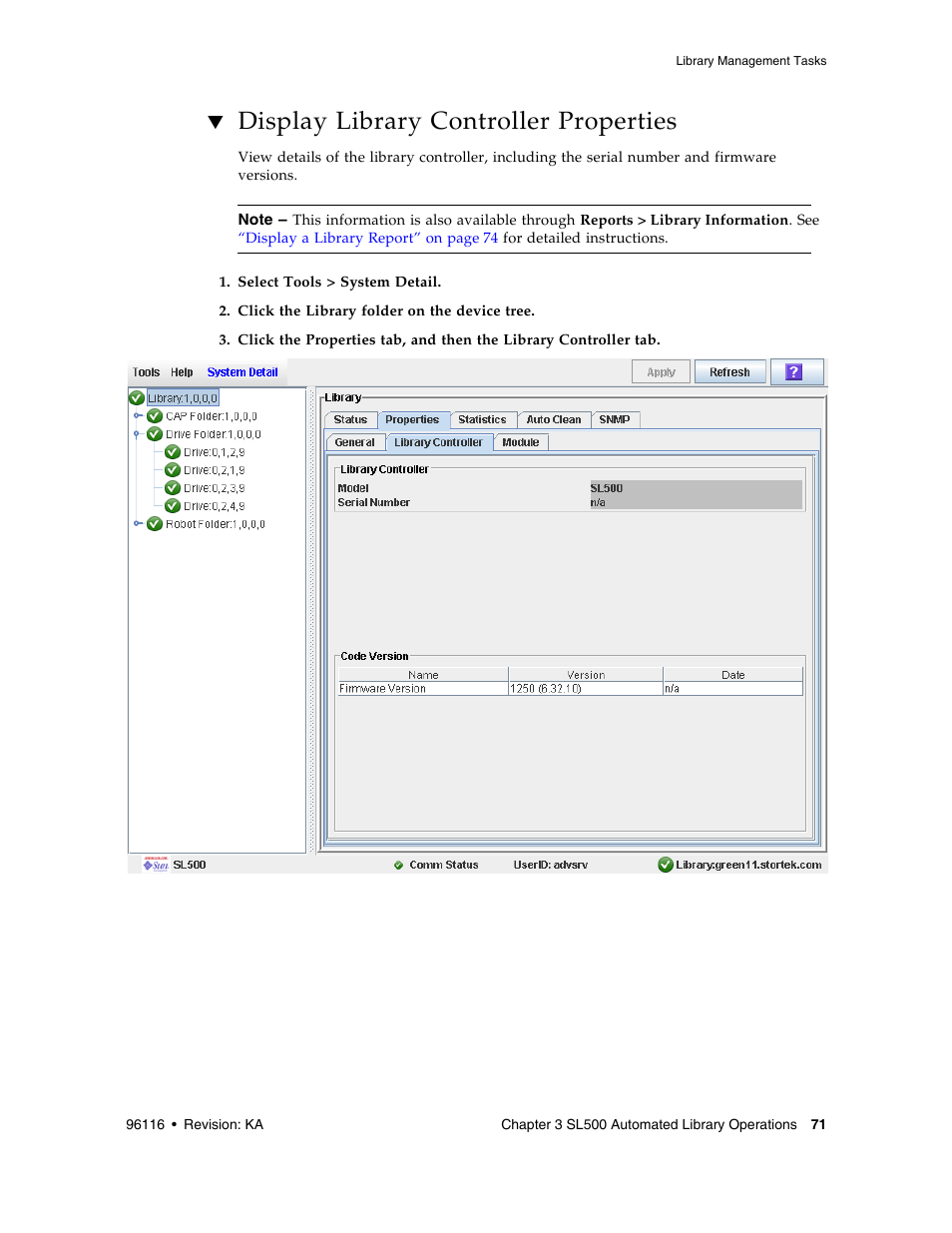 Display library controller properties, Display library controller properties 71 | Sun Microsystems StorageTek Modular Library System SL500 User Manual | Page 103 / 436