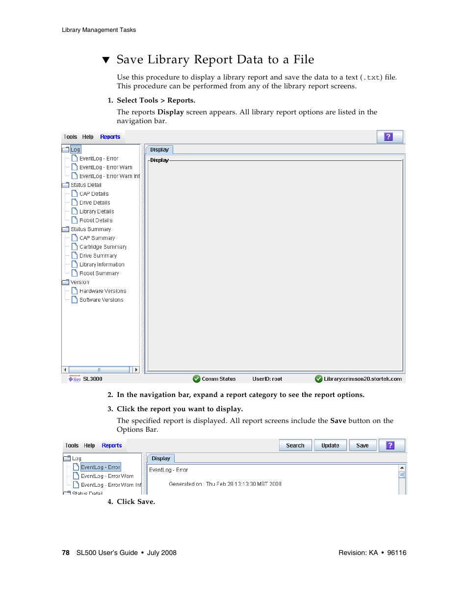 Save library report data to a file, Save library report data to a file 78 | Sun Microsystems StorageTek Modular Library System SL500 User Manual | Page 110 / 436