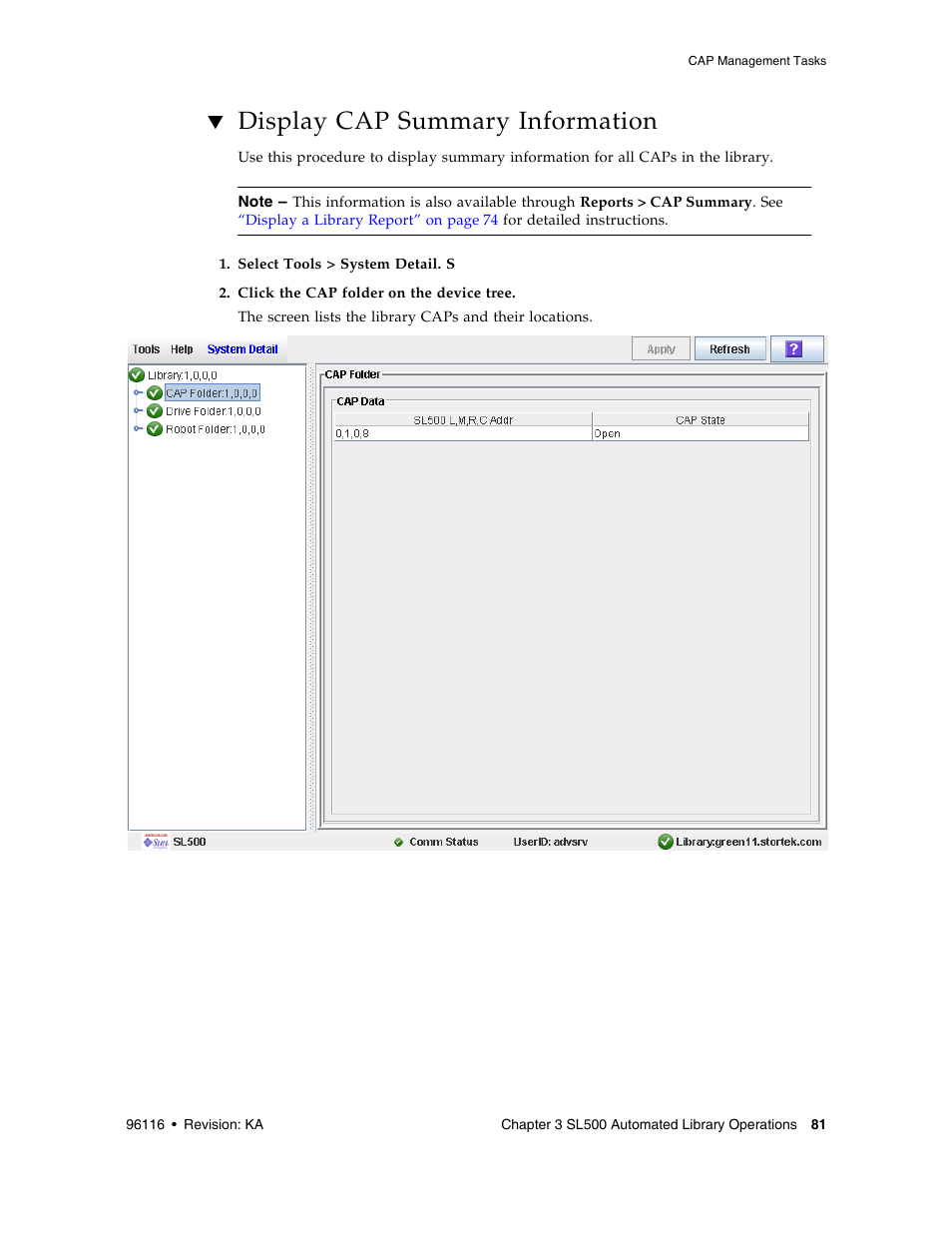 Display cap summary information, Display cap summary information 81 | Sun Microsystems StorageTek Modular Library System SL500 User Manual | Page 113 / 436