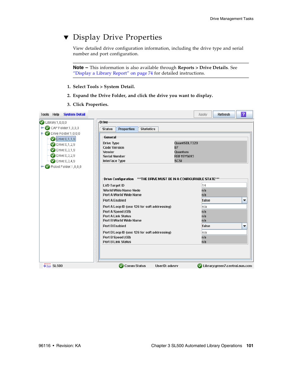 Display drive properties, Display drive properties 101 | Sun Microsystems StorageTek Modular Library System SL500 User Manual | Page 133 / 436