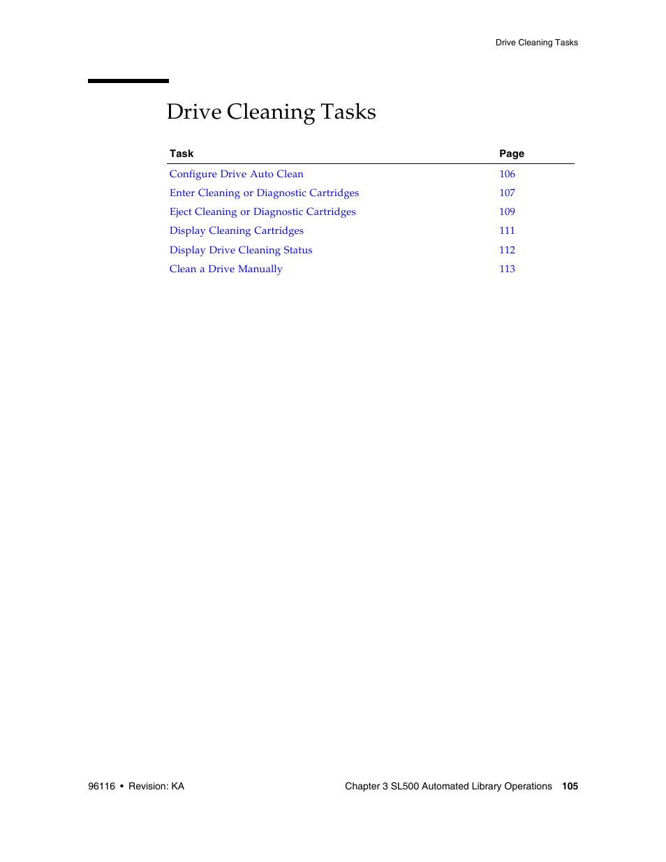 Drive cleaning tasks, Drive cleaning tasks 105 | Sun Microsystems StorageTek Modular Library System SL500 User Manual | Page 137 / 436