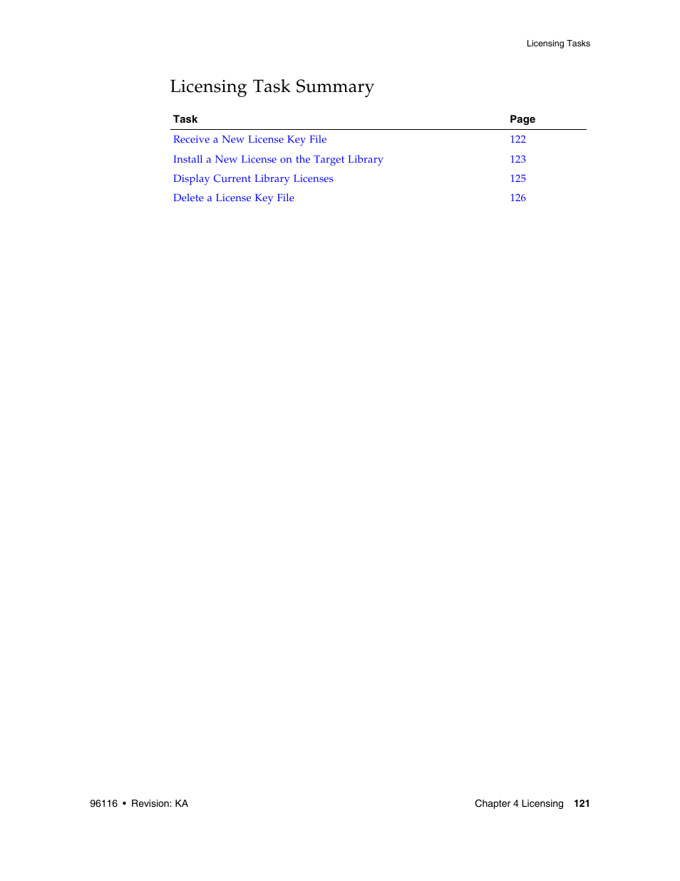 Licensing task summary, Licensing task summary 121 | Sun Microsystems StorageTek Modular Library System SL500 User Manual | Page 153 / 436