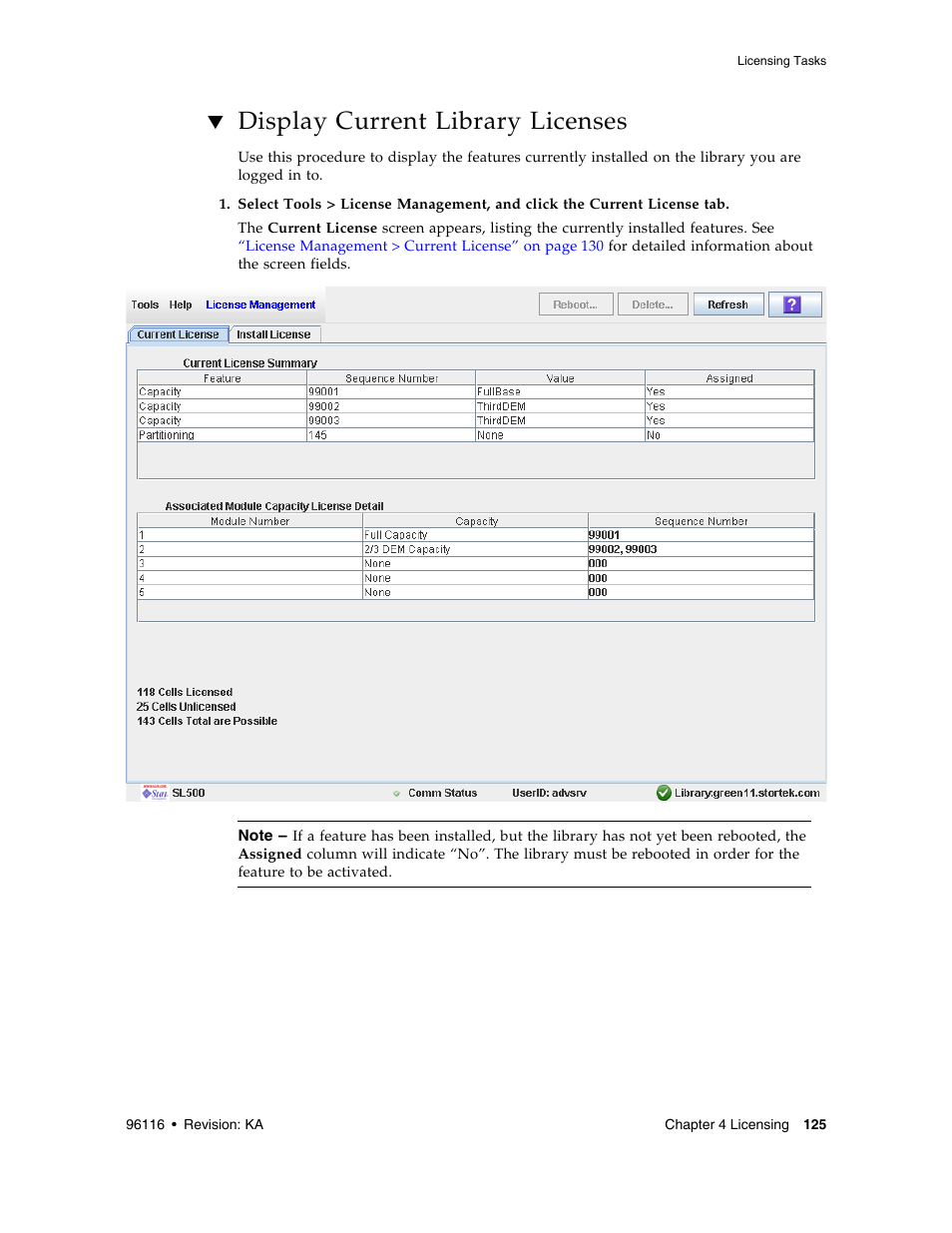 Display current library licenses, Display current library licenses 125, E current licenses. see | Sun Microsystems StorageTek Modular Library System SL500 User Manual | Page 157 / 436