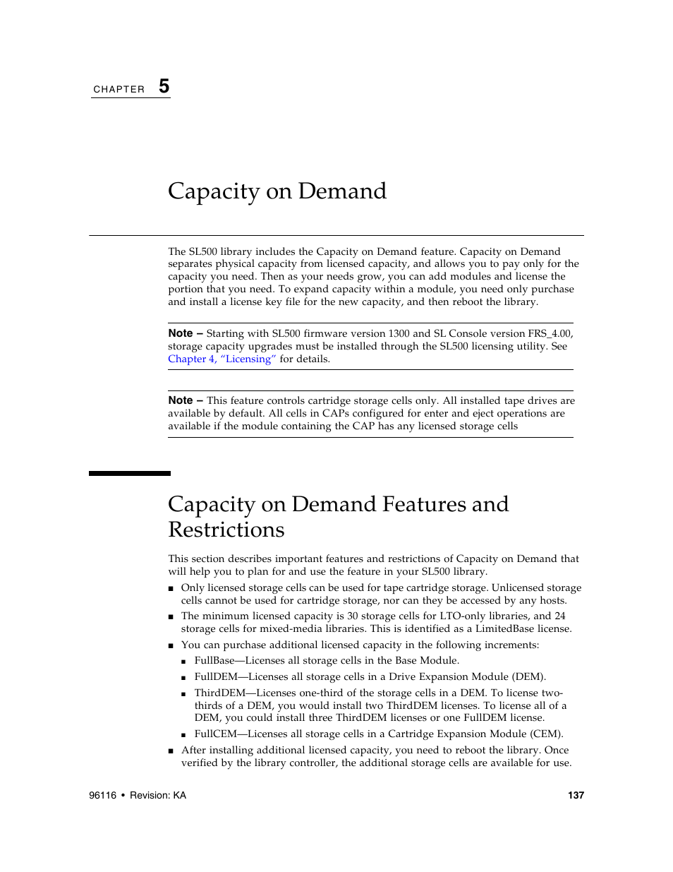 Capacity on demand, Capacity on demand features and restrictions, Chapter 5, “capacity on demand | Sun Microsystems StorageTek Modular Library System SL500 User Manual | Page 169 / 436