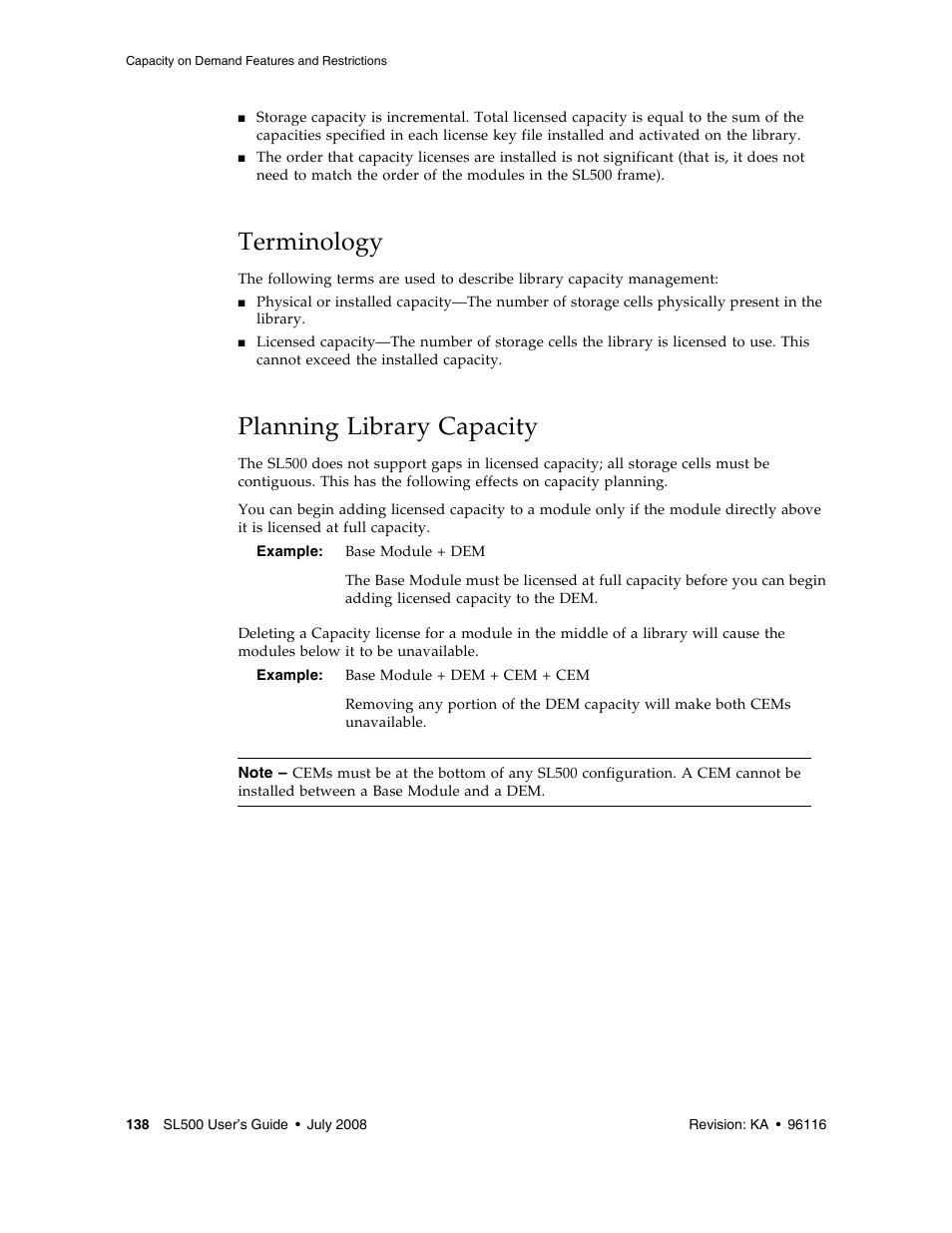 Terminology, Planning library capacity, Terminology 138 | Planning library capacity 138 | Sun Microsystems StorageTek Modular Library System SL500 User Manual | Page 170 / 436