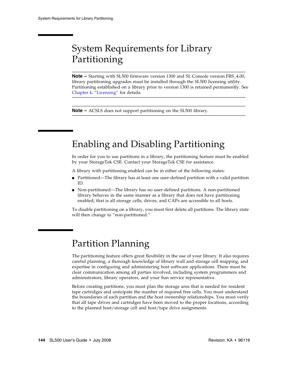 System requirements for library partitioning, Enabling and disabling partitioning, Partition planning | Enabling and disabling partitioning 144 | Sun Microsystems StorageTek Modular Library System SL500 User Manual | Page 176 / 436