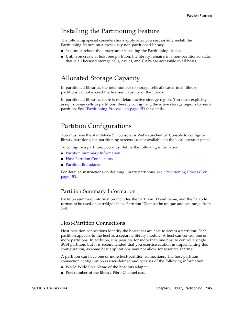 Installing the partitioning feature, Allocated storage capacity, Partition configurations | Partition summary information, Host-partition connections, Installing the partitioning feature 1, Allocated storage capacity 145, Partition summary information 1, Host-partition connections 1 | Sun Microsystems StorageTek Modular Library System SL500 User Manual | Page 177 / 436
