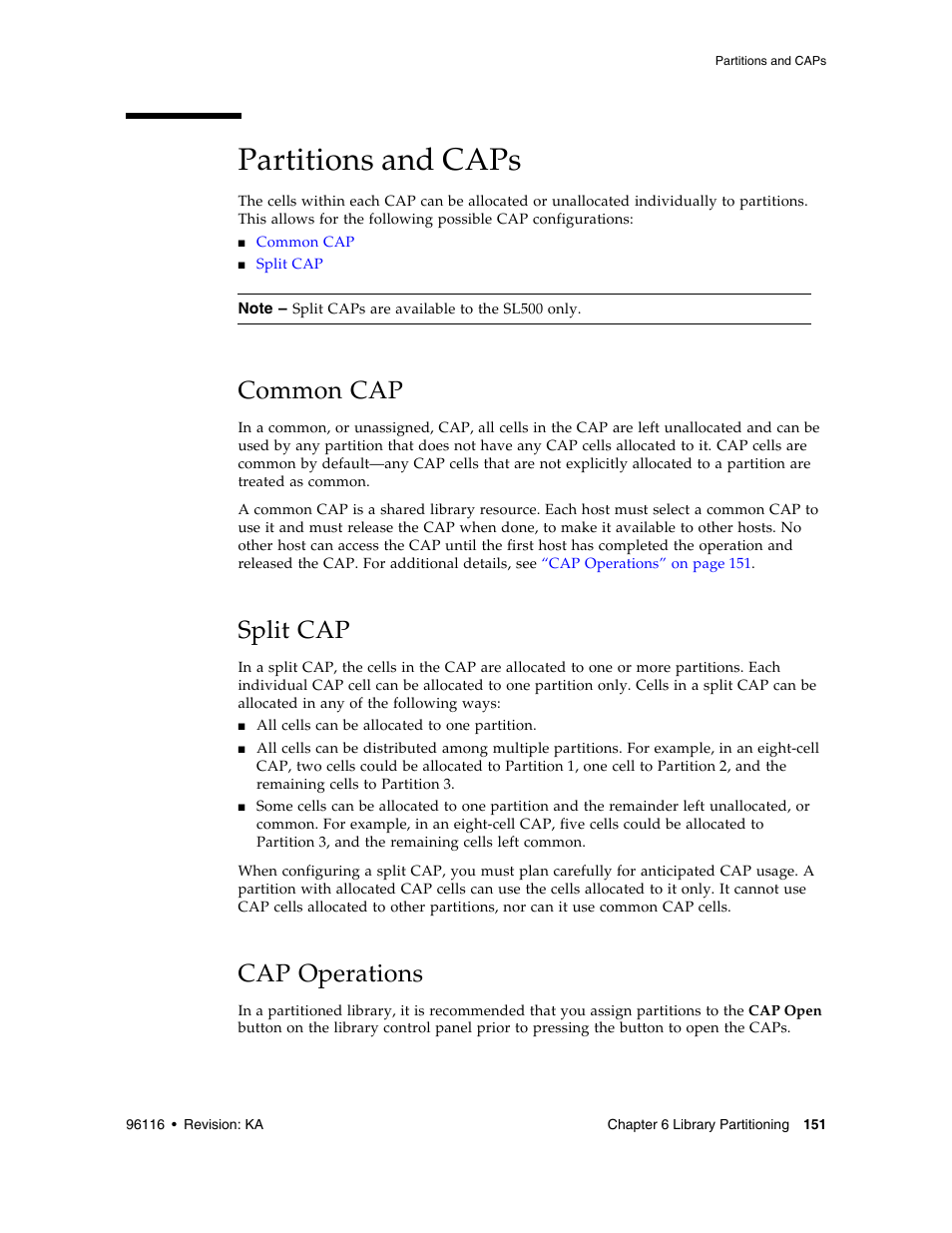 Partitions and caps, Common cap, Split cap | Cap operations, Partitions and caps 151, Split cap 1, Cap operations 151 | Sun Microsystems StorageTek Modular Library System SL500 User Manual | Page 183 / 436