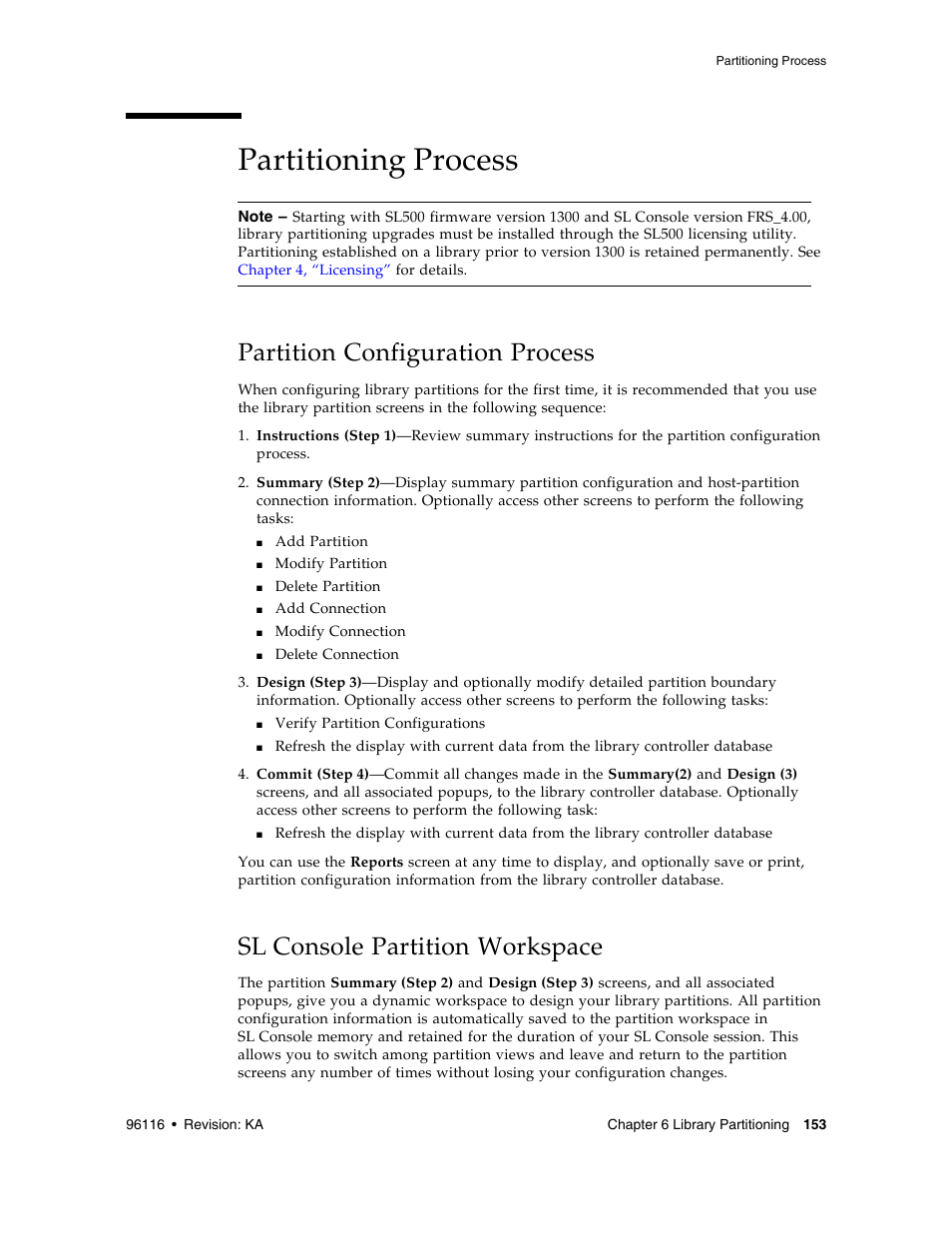 Partitioning process, Partition configuration process, Sl console partition workspace | Partitioning process 153, Partitioning process” on | Sun Microsystems StorageTek Modular Library System SL500 User Manual | Page 185 / 436