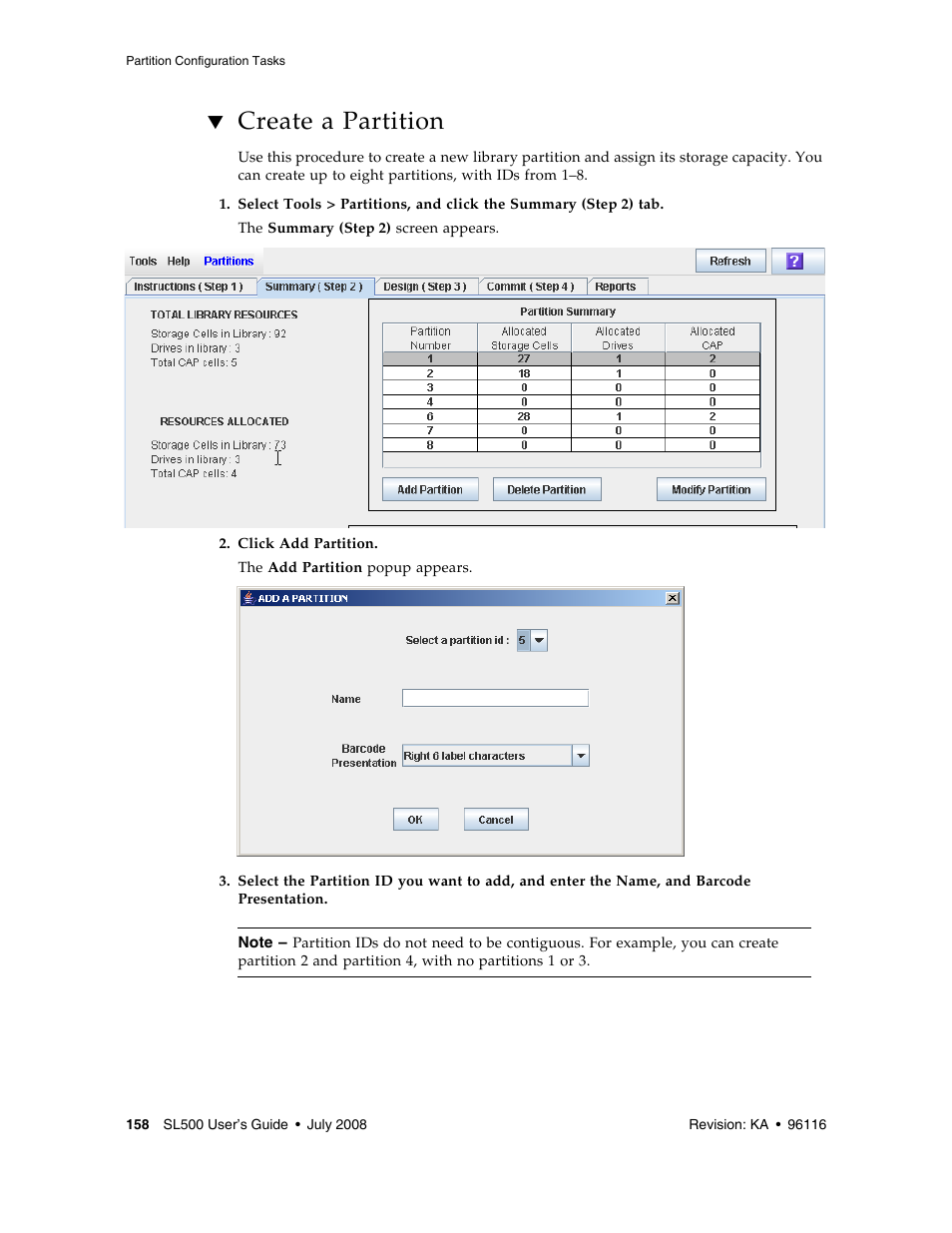 Create a partition, Create a partition 158 | Sun Microsystems StorageTek Modular Library System SL500 User Manual | Page 190 / 436