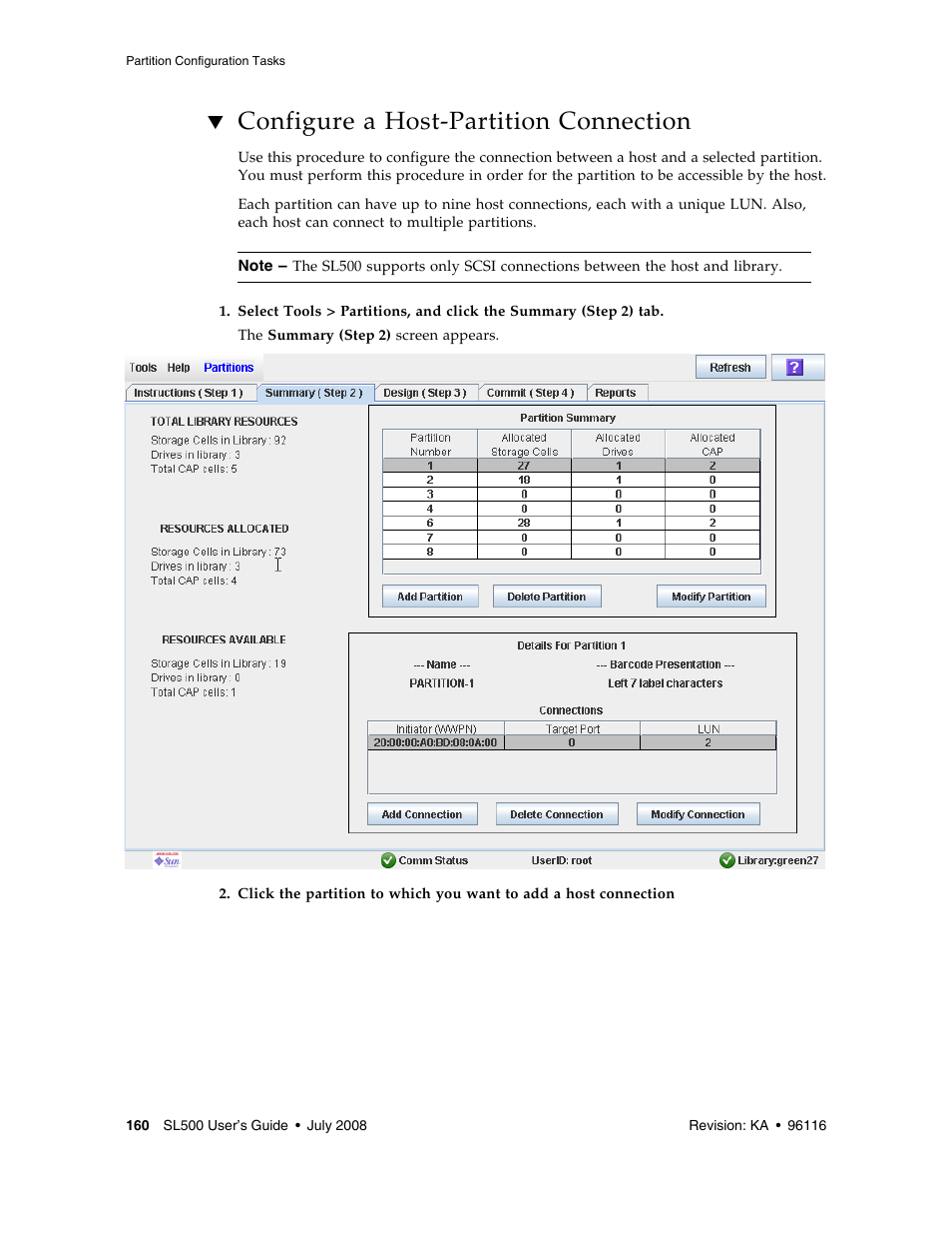 Configure a host-partition connection, Configure a host-partition connection 160 | Sun Microsystems StorageTek Modular Library System SL500 User Manual | Page 192 / 436