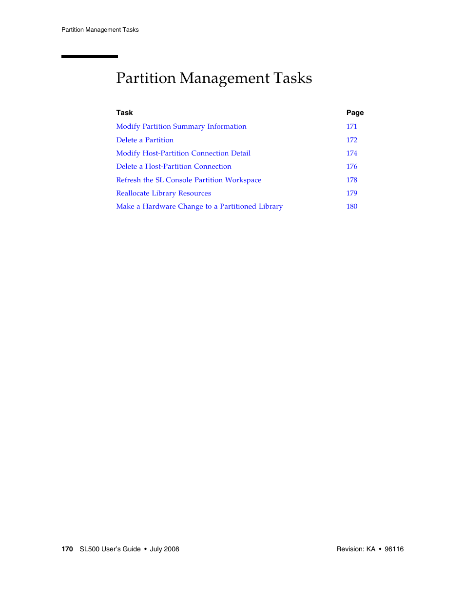 Partition management tasks, Partition management tasks 170 | Sun Microsystems StorageTek Modular Library System SL500 User Manual | Page 202 / 436