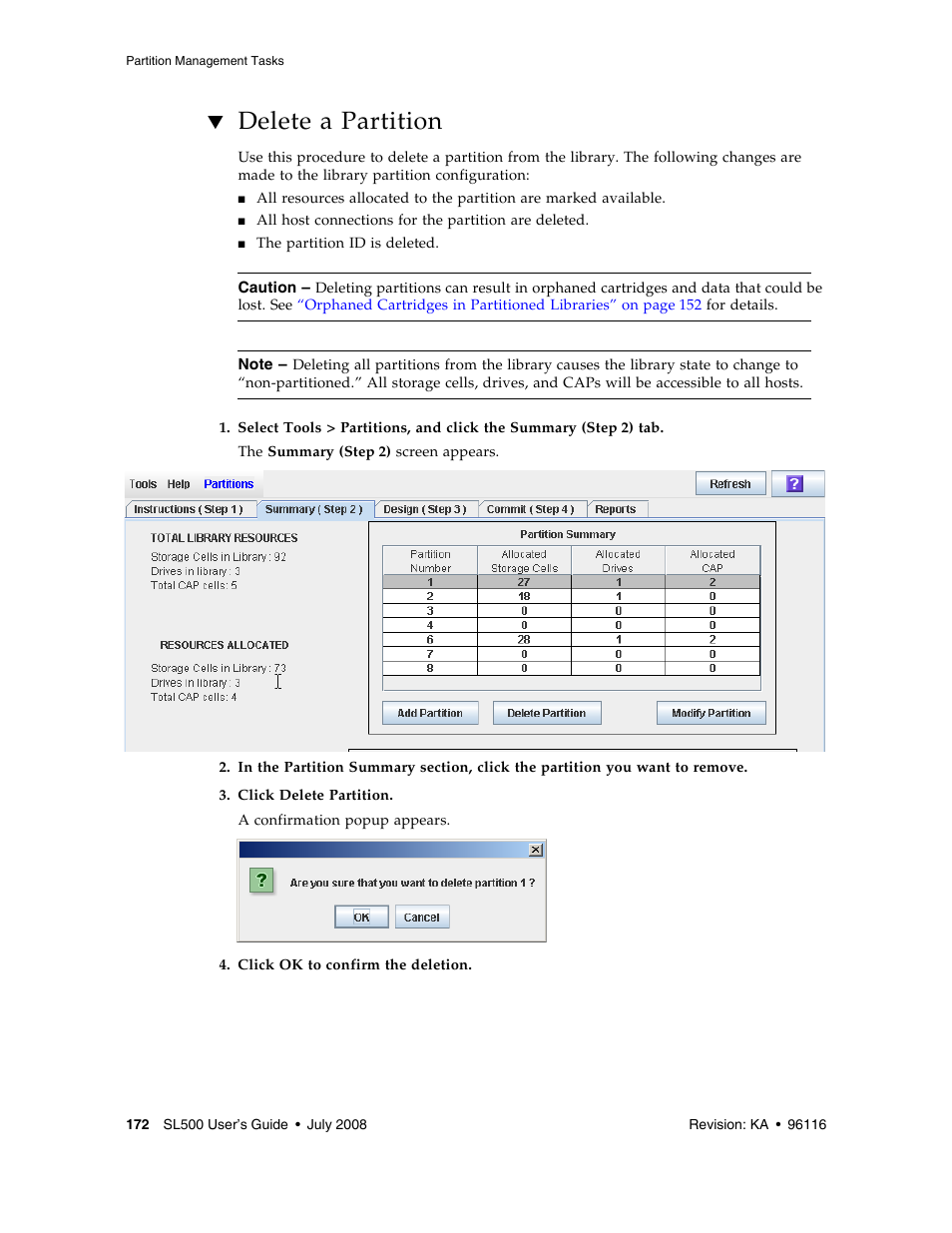 Delete a partition, Delete a partition 172 | Sun Microsystems StorageTek Modular Library System SL500 User Manual | Page 204 / 436