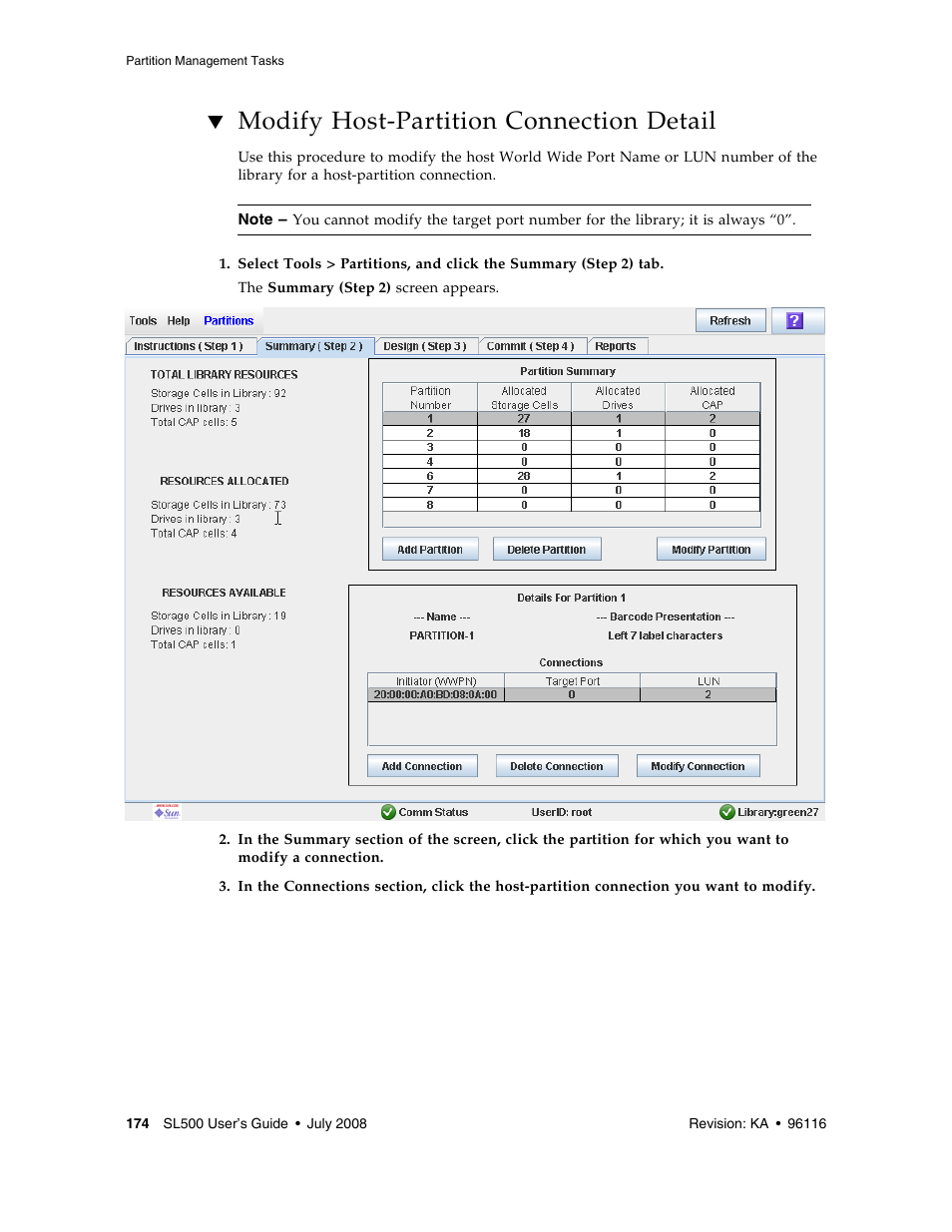 Modify host-partition connection detail, Modify host-partition connection detail 174 | Sun Microsystems StorageTek Modular Library System SL500 User Manual | Page 206 / 436