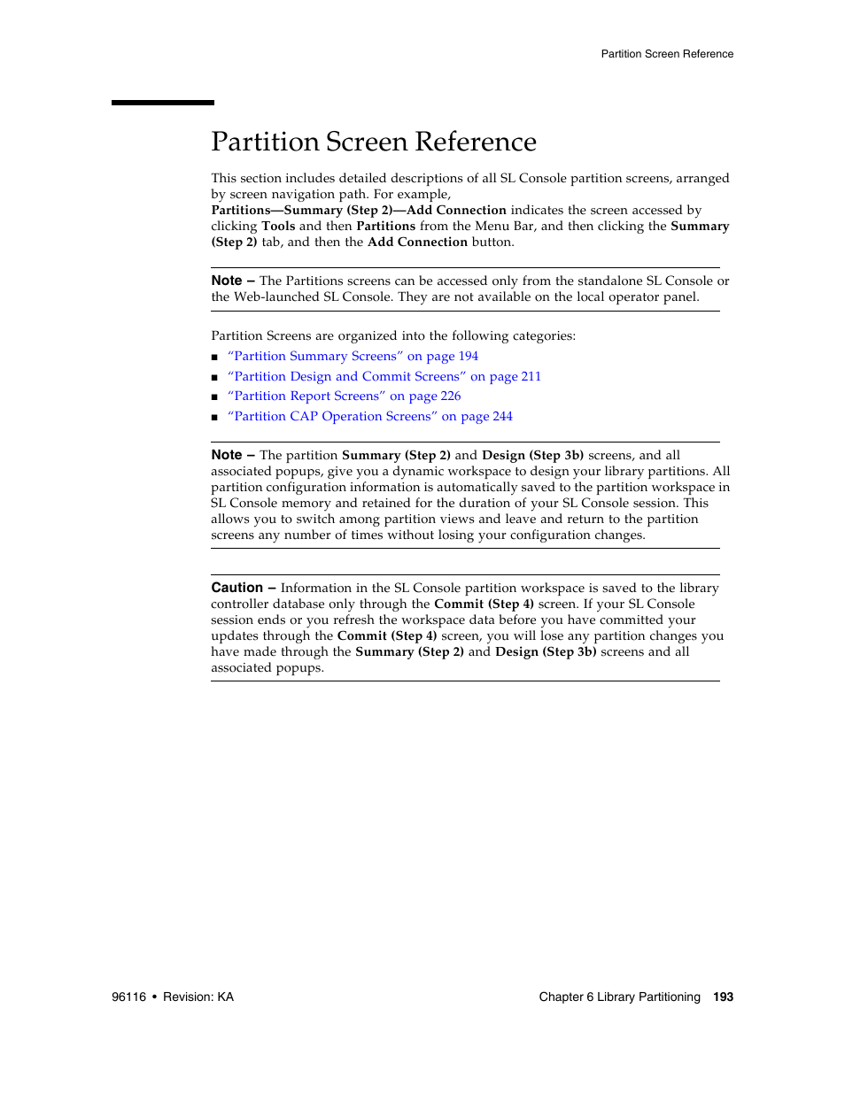 Partition screen reference, Partition screen reference 193 | Sun Microsystems StorageTek Modular Library System SL500 User Manual | Page 225 / 436