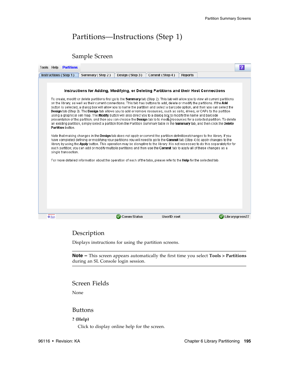 Partitions-instructions (step 1), Partitions—instructions (step 1) 195, Partitions—instructions (step 1) | Sample screen description, Screen fields, Buttons | Sun Microsystems StorageTek Modular Library System SL500 User Manual | Page 227 / 436