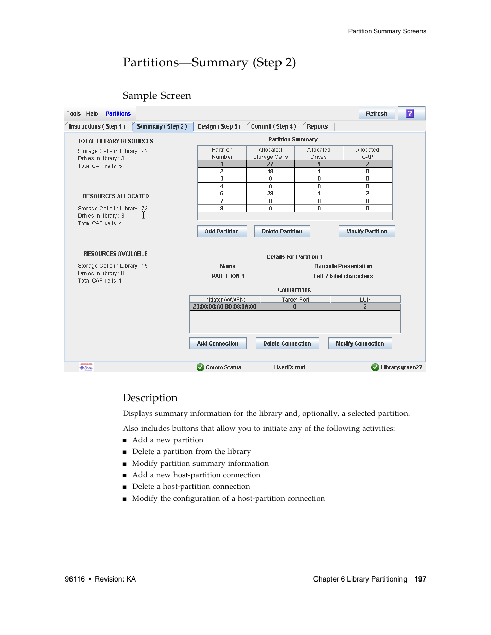Partitions-summary (step 2), Partitions—summary (step 2) 197, Partitions—summary (step 2) | Sample screen description | Sun Microsystems StorageTek Modular Library System SL500 User Manual | Page 229 / 436