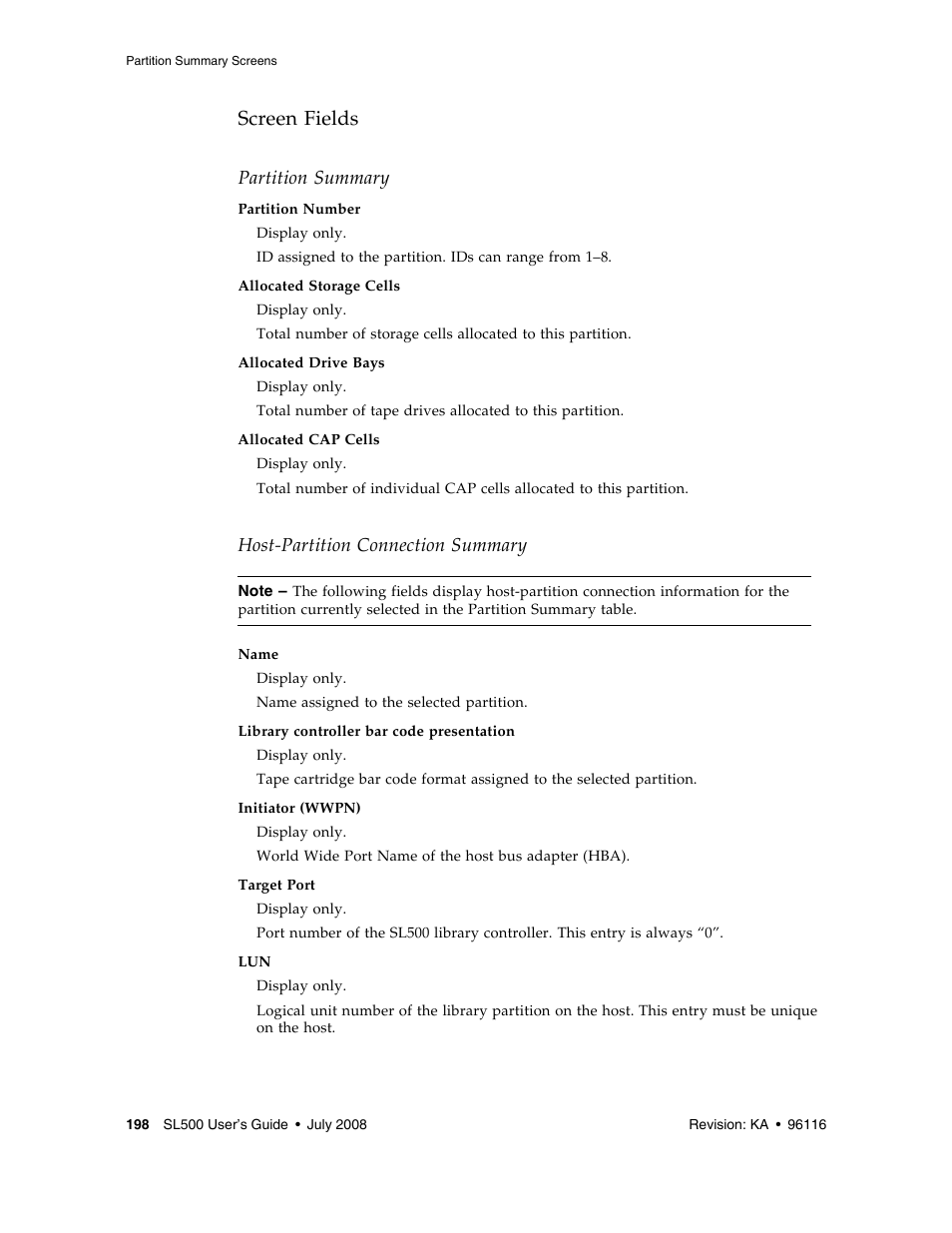 Screen fields, Partition summary, Host-partition connection summary | Sun Microsystems StorageTek Modular Library System SL500 User Manual | Page 230 / 436