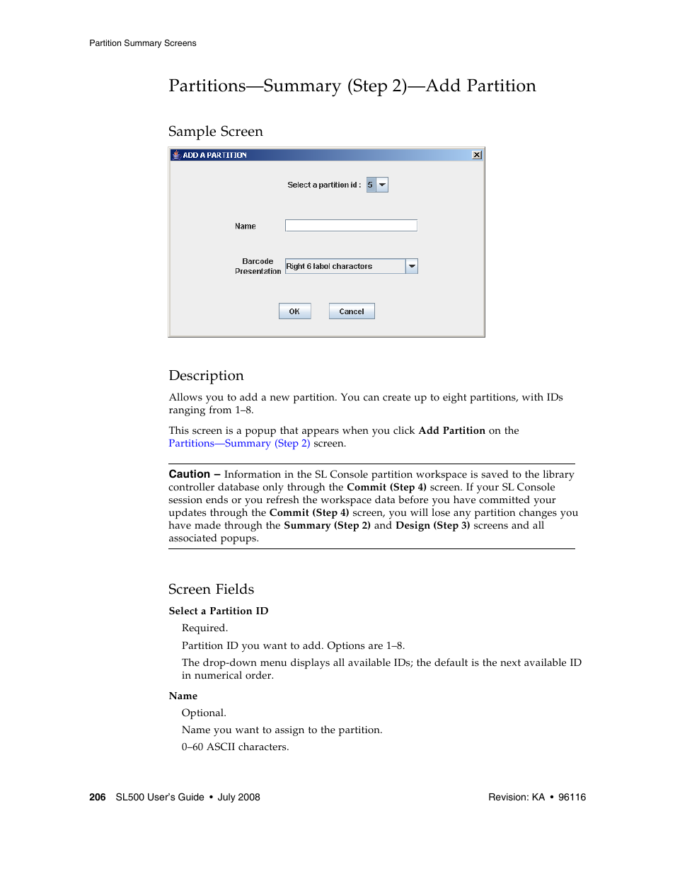 Partitions-summary (step 2)-add partition, Partitions—summary (step 2)—add partition 206, Partitions—summary (step 2)—add partition | Sample screen description, Screen fields | Sun Microsystems StorageTek Modular Library System SL500 User Manual | Page 238 / 436