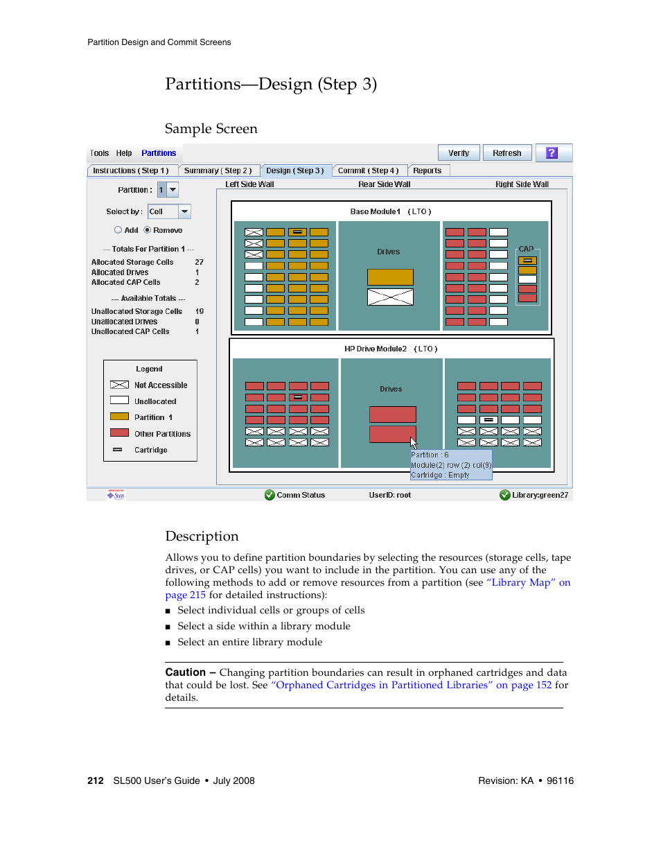 Partitions-design (step 3), Partitions—design (step 3) 212, Partitions—design (step 3) | Sample screen description | Sun Microsystems StorageTek Modular Library System SL500 User Manual | Page 244 / 436