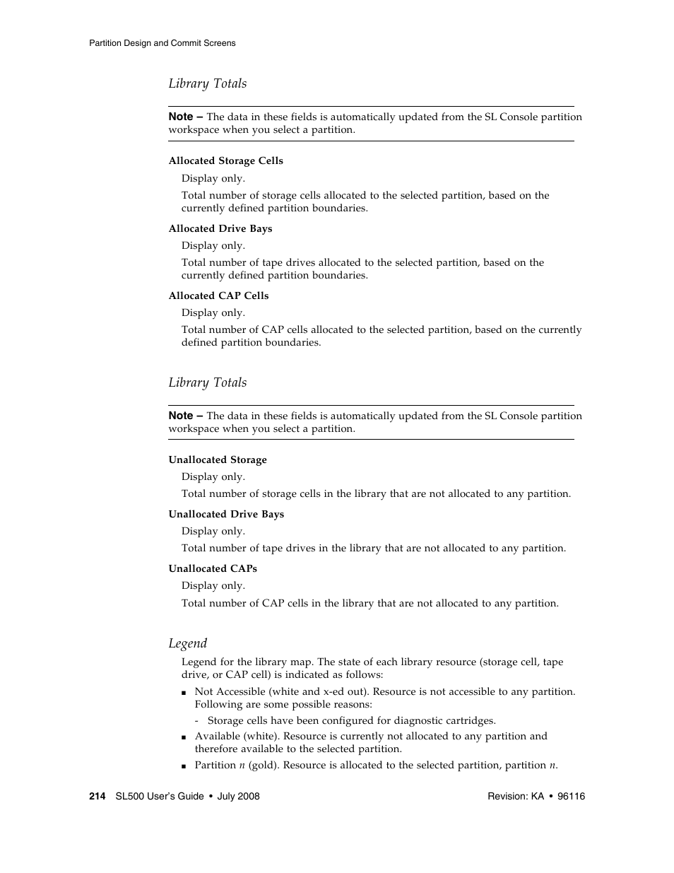 Library totals, Legend | Sun Microsystems StorageTek Modular Library System SL500 User Manual | Page 246 / 436