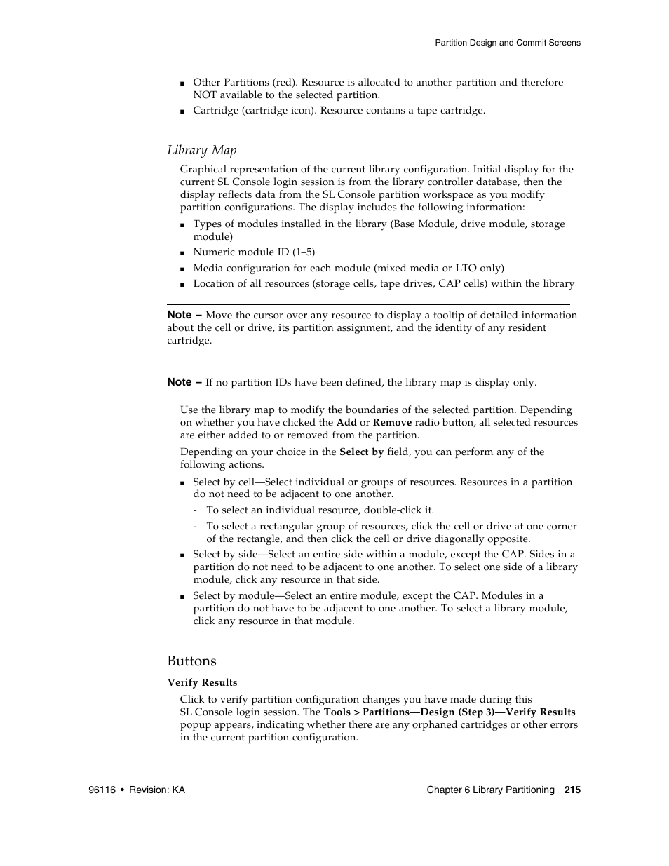 Buttons, Library map | Sun Microsystems StorageTek Modular Library System SL500 User Manual | Page 247 / 436