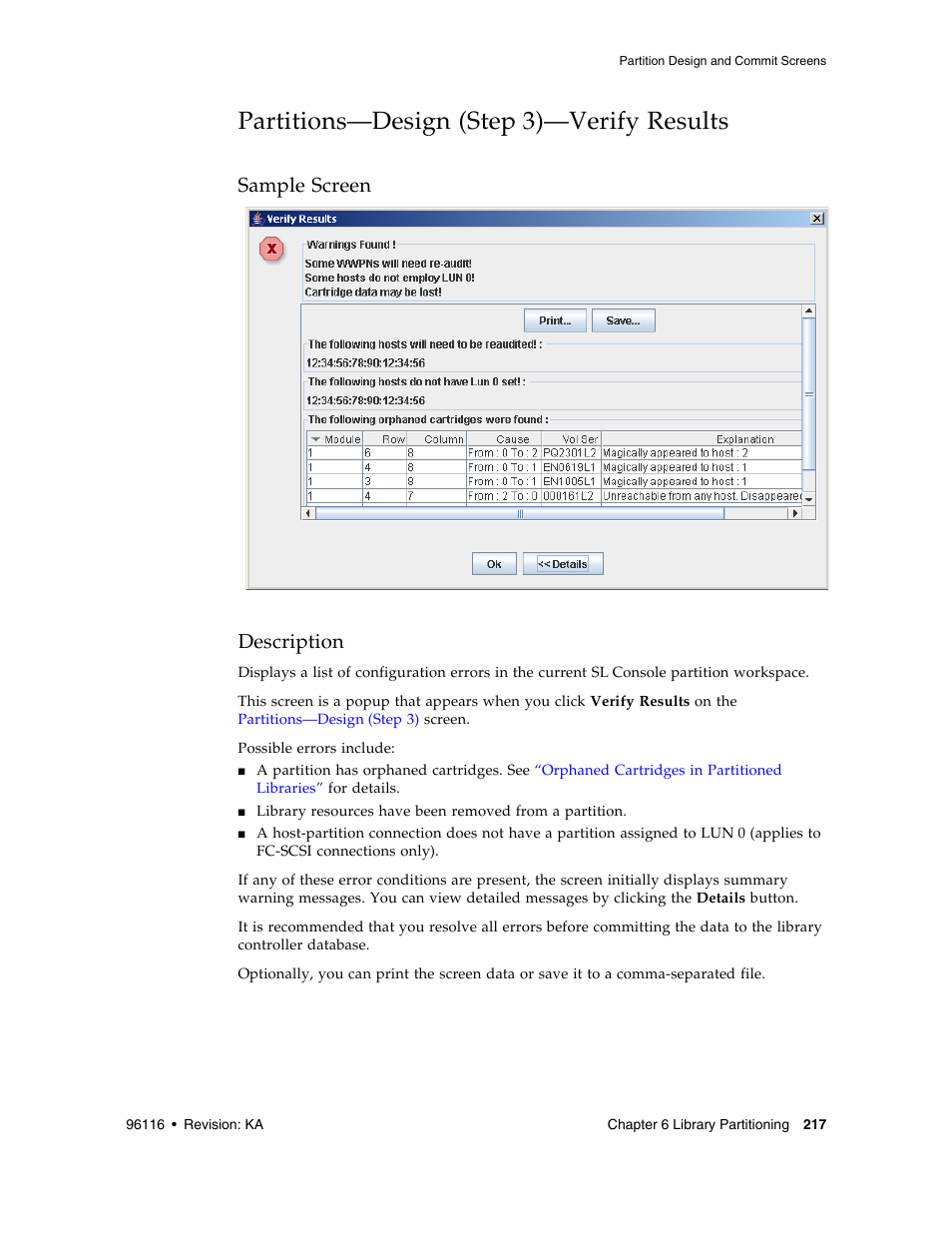 Partitions-design (step 3)-verify results, Partitions—design (step 3)—verify results 217, Partitions—design (step 3)—verify results | Sample screen description | Sun Microsystems StorageTek Modular Library System SL500 User Manual | Page 249 / 436