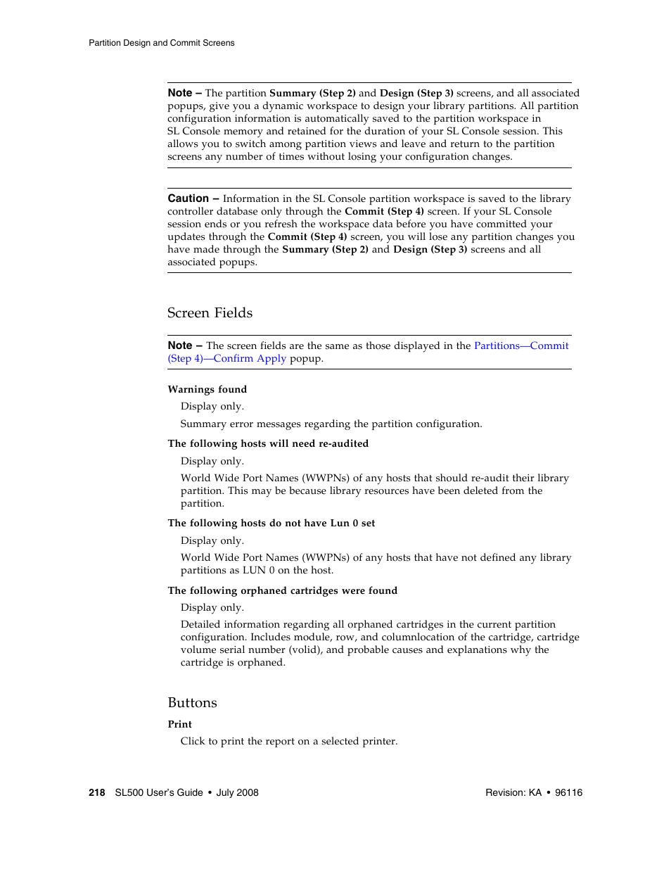 Screen fields, Buttons | Sun Microsystems StorageTek Modular Library System SL500 User Manual | Page 250 / 436