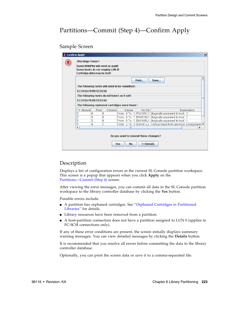 Partitions-commit (step 4)-confirm apply, Partitions—commit (step 4)—confirm apply 223, Partitions—commit (step 4)—confirm apply | Sample screen description | Sun Microsystems StorageTek Modular Library System SL500 User Manual | Page 255 / 436