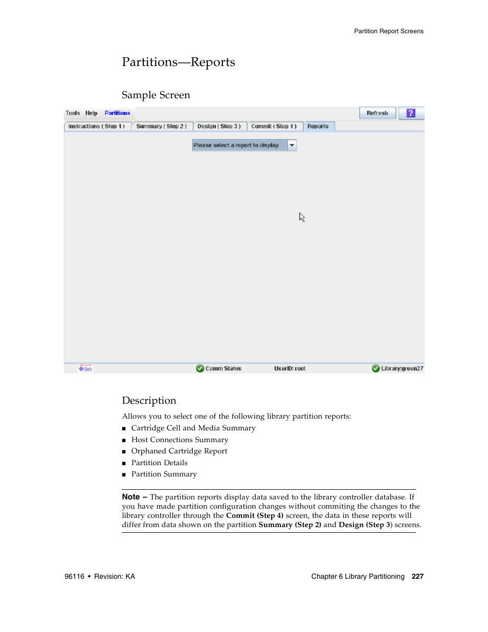 Partitions-reports, Partitions—reports 227, Partitions—reports | Sample screen description | Sun Microsystems StorageTek Modular Library System SL500 User Manual | Page 259 / 436