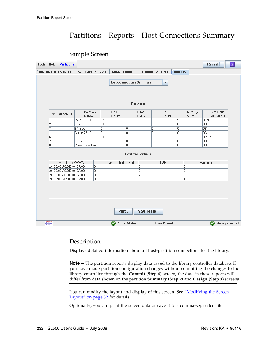 Partitions-reports-host connections summary, Partitions—reports—host connections summary 232, Partitions—reports—host connections summary | Sample screen description | Sun Microsystems StorageTek Modular Library System SL500 User Manual | Page 264 / 436