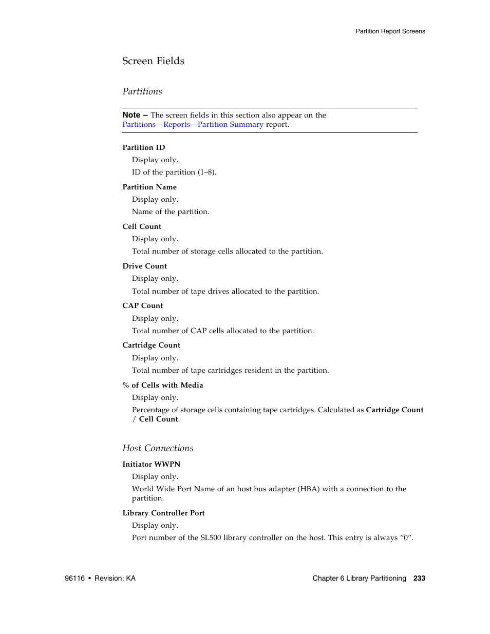 Screen fields, Partitions, Host connections | Sun Microsystems StorageTek Modular Library System SL500 User Manual | Page 265 / 436