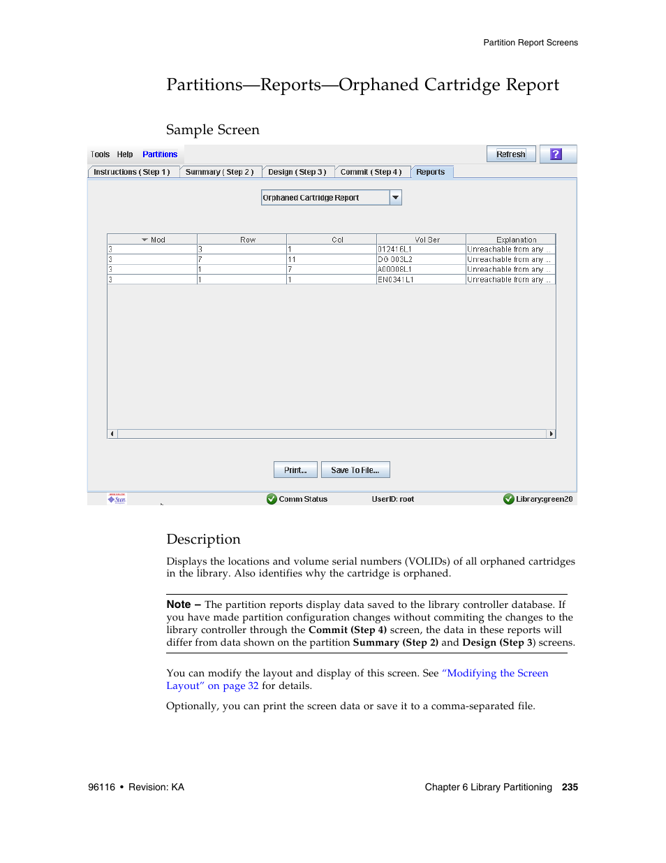 Partitions-reports-orphaned cartridge report, Partitions—reports—orphaned cartridge report 235, Partitions—reports—orphaned cartridge report | Sample screen description | Sun Microsystems StorageTek Modular Library System SL500 User Manual | Page 267 / 436