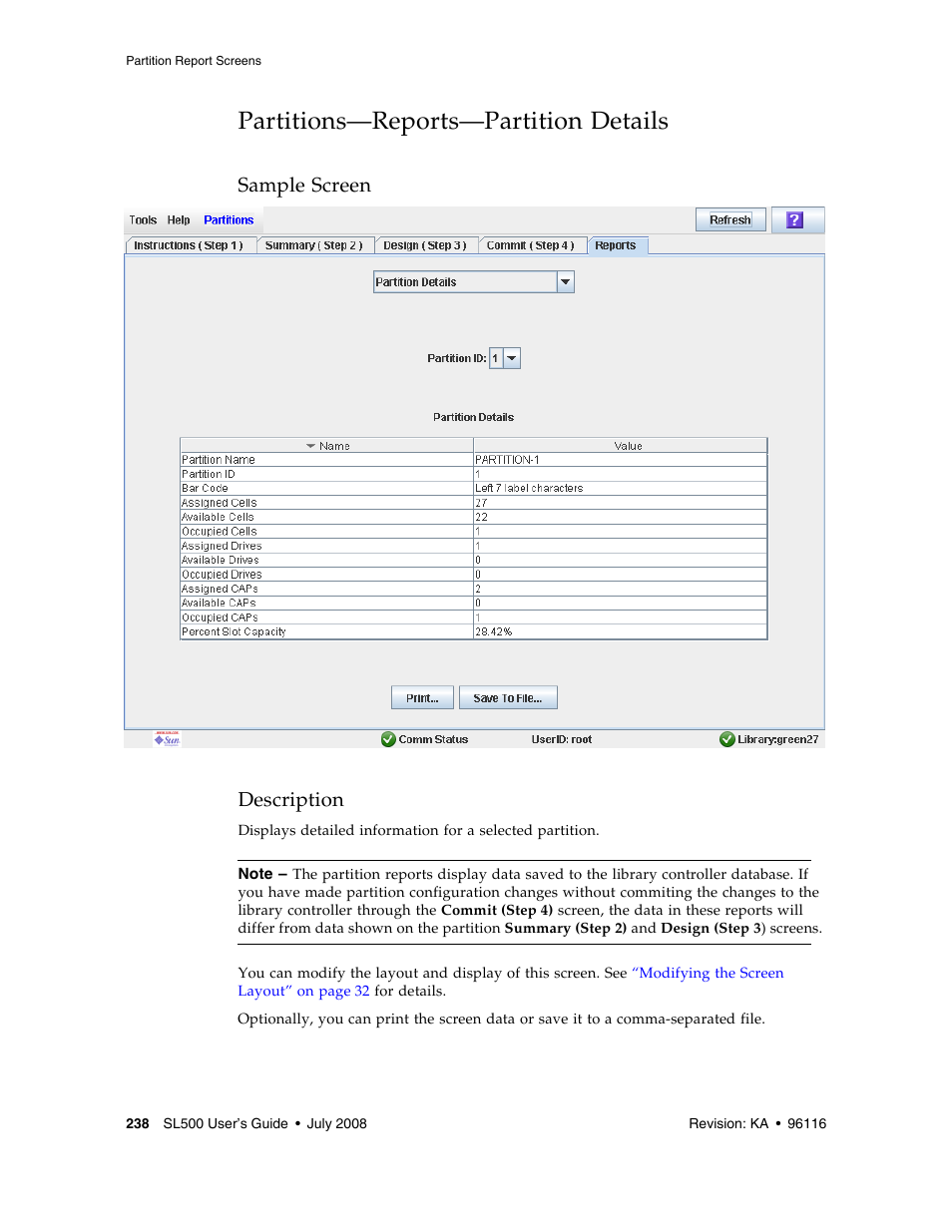 Partitions-reports-partition details, Partitions—reports—partition details 238, Partitions—reports—partition details | Sample screen description | Sun Microsystems StorageTek Modular Library System SL500 User Manual | Page 270 / 436