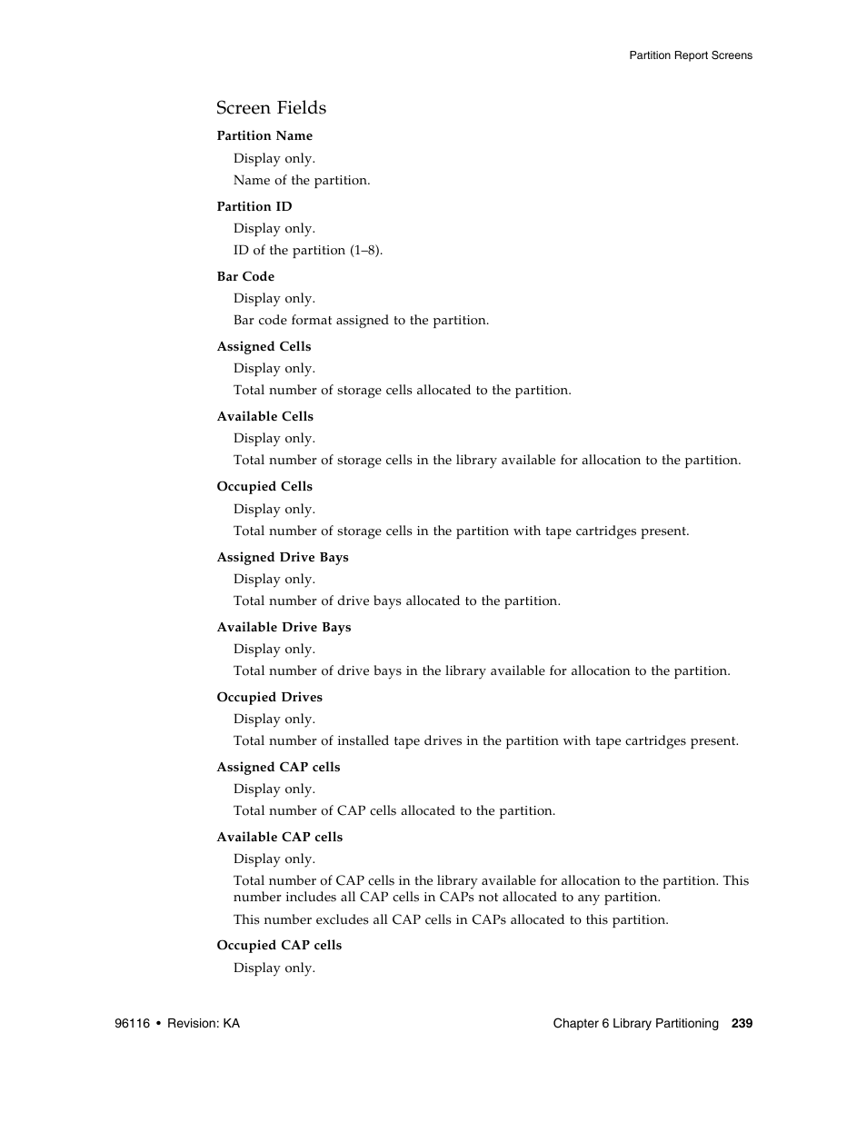 Screen fields | Sun Microsystems StorageTek Modular Library System SL500 User Manual | Page 271 / 436