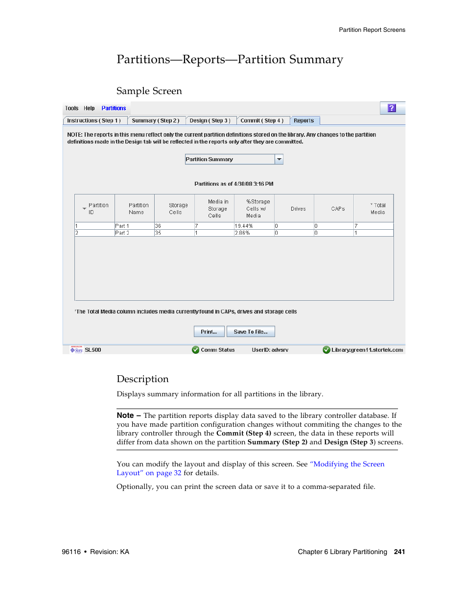 Partitions-reports-partition summary, Partitions—reports—partition summary 241, Partitions—reports—partition summary | Sample screen description | Sun Microsystems StorageTek Modular Library System SL500 User Manual | Page 273 / 436