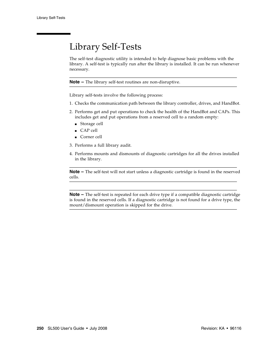 Library self-tests, Library self-tests 250 | Sun Microsystems StorageTek Modular Library System SL500 User Manual | Page 282 / 436