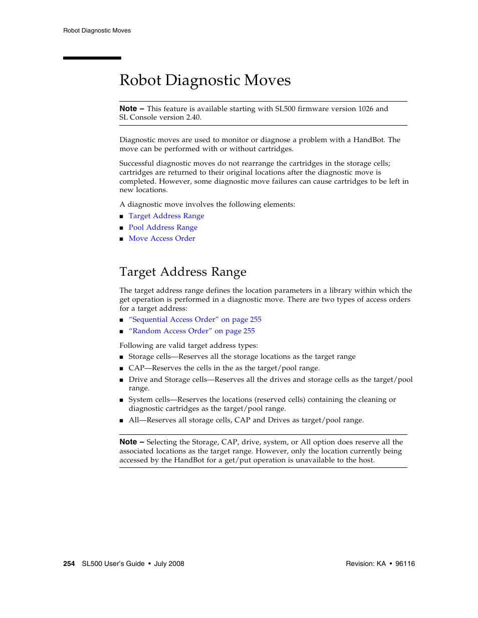 Robot diagnostic moves, Target address range, Robot diagnostic moves 254 | Sun Microsystems StorageTek Modular Library System SL500 User Manual | Page 286 / 436