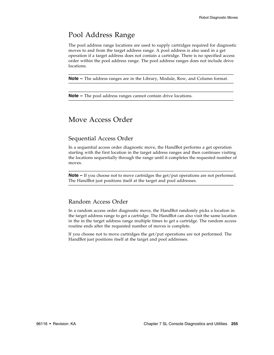 Pool address range, Move access order, Sequential access order | Random access order, Move access order 2 | Sun Microsystems StorageTek Modular Library System SL500 User Manual | Page 287 / 436