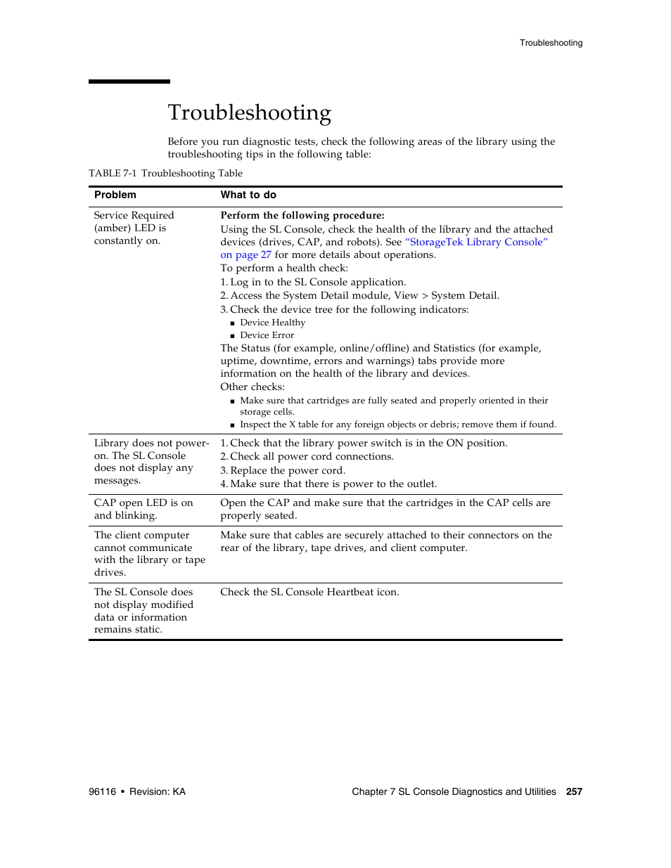 Troubleshooting, Information included in, Troubleshooting 257 | Table 7-1 | Sun Microsystems StorageTek Modular Library System SL500 User Manual | Page 289 / 436