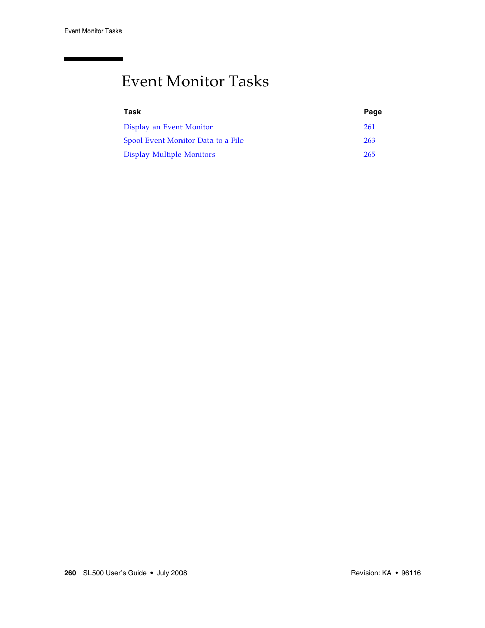 Event monitor tasks, Event monitor tasks 260 | Sun Microsystems StorageTek Modular Library System SL500 User Manual | Page 292 / 436