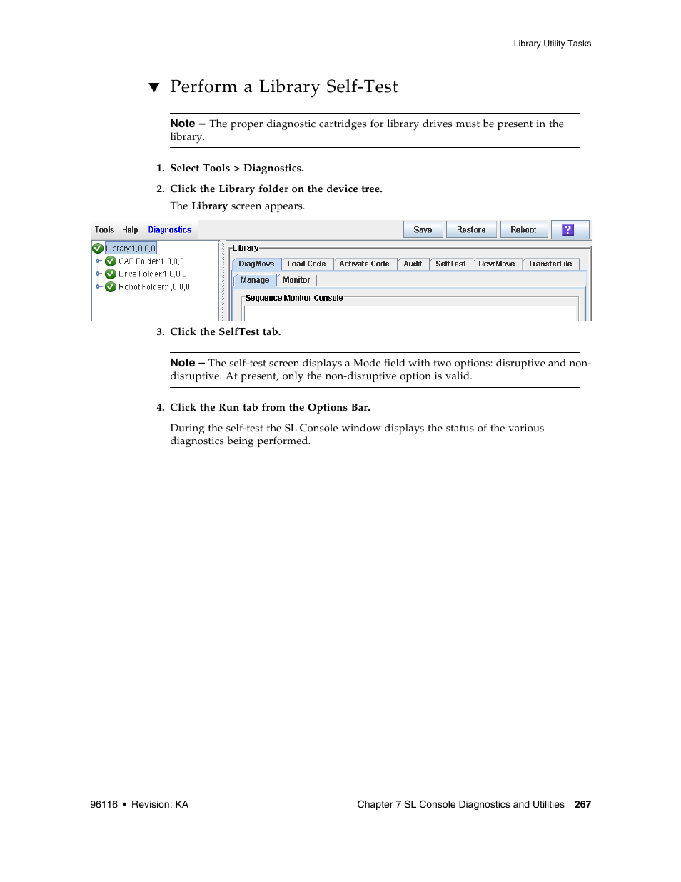 Perform a library self-test, Perform a library self-test 267 | Sun Microsystems StorageTek Modular Library System SL500 User Manual | Page 299 / 436